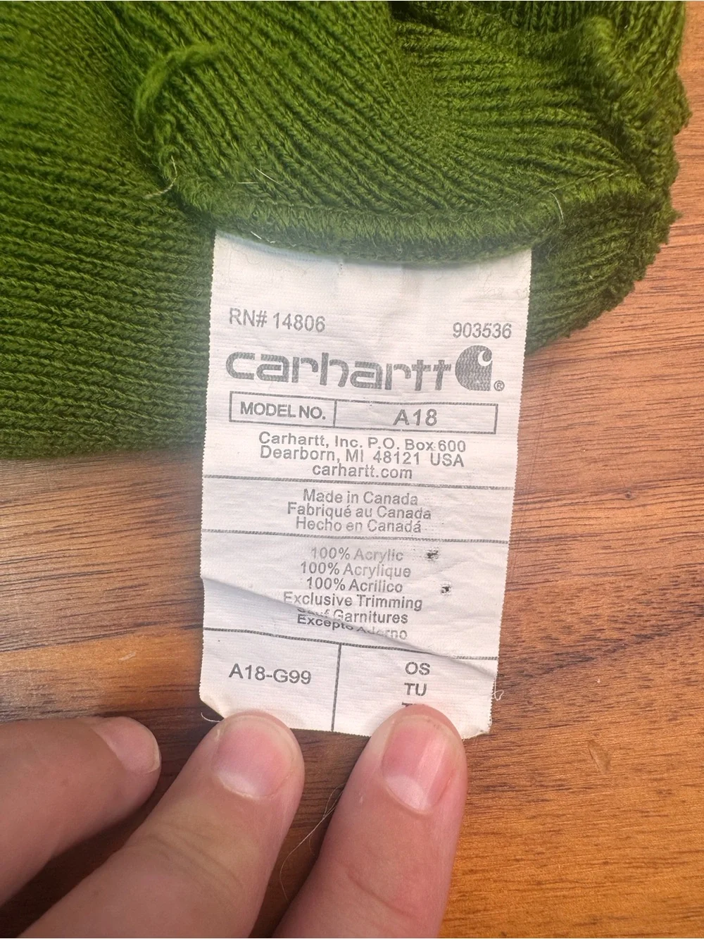 Carhartt Green Ribbed Cuffed Beanie with Logo Patch Original Mens
